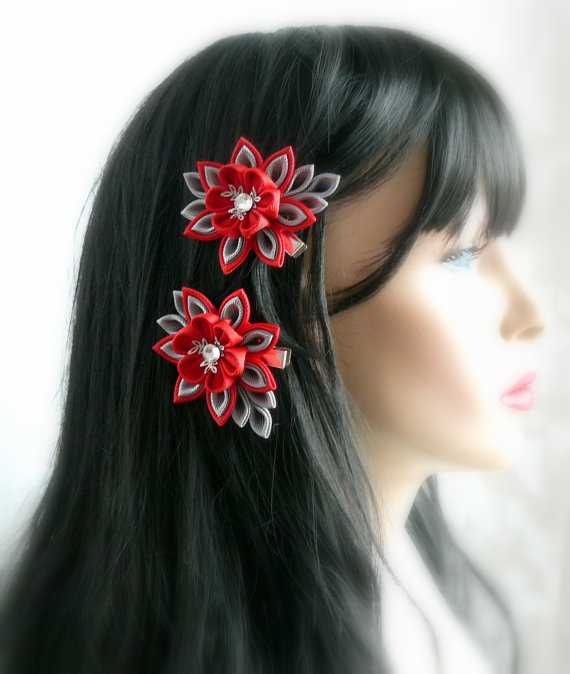 3\" layered kanzashi flower hair clips