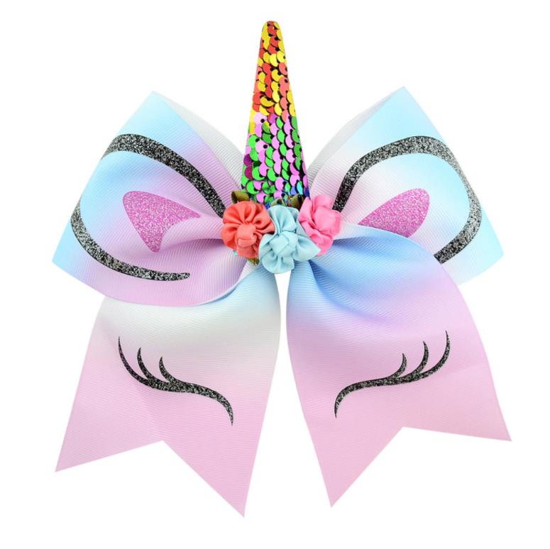 7-8\'\' Girl Sequin Unicorn Party Cheer Bows Large Unicorn Cheer