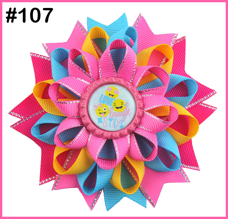4.5\'\' bottle cap loopy hair bows Flower hair bow emoji hair clip