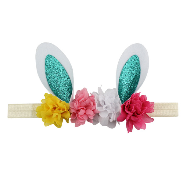 2.5" Easter Day Shabby Chiffon Flowers Headband Bunny Ears