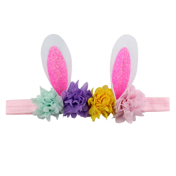 2.5\" Easter Day Shabby Chiffon Flowers Headband Bunny Ears