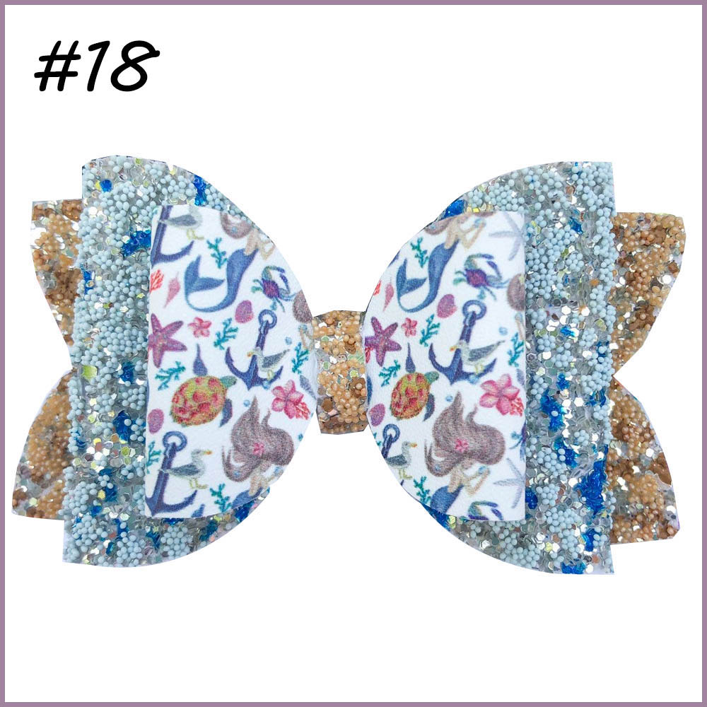 3.5'' Glitter hair bows with printed leather flower unicorn