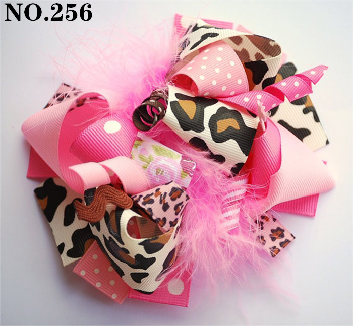 5.5inch leopard animal funky fun hair bows with feather for girl