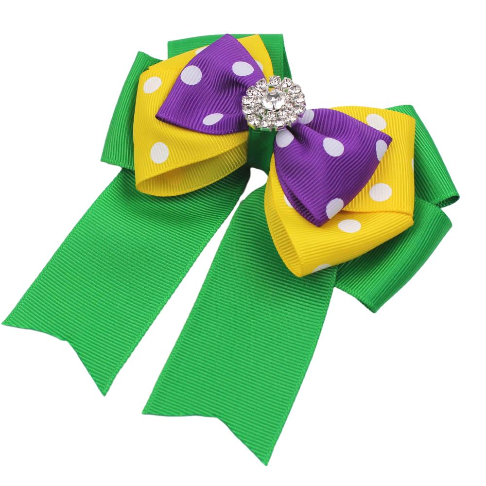 Mardi Gras Hair Bow Gift Girls 5\" Purple Gold Green Boutique Rib