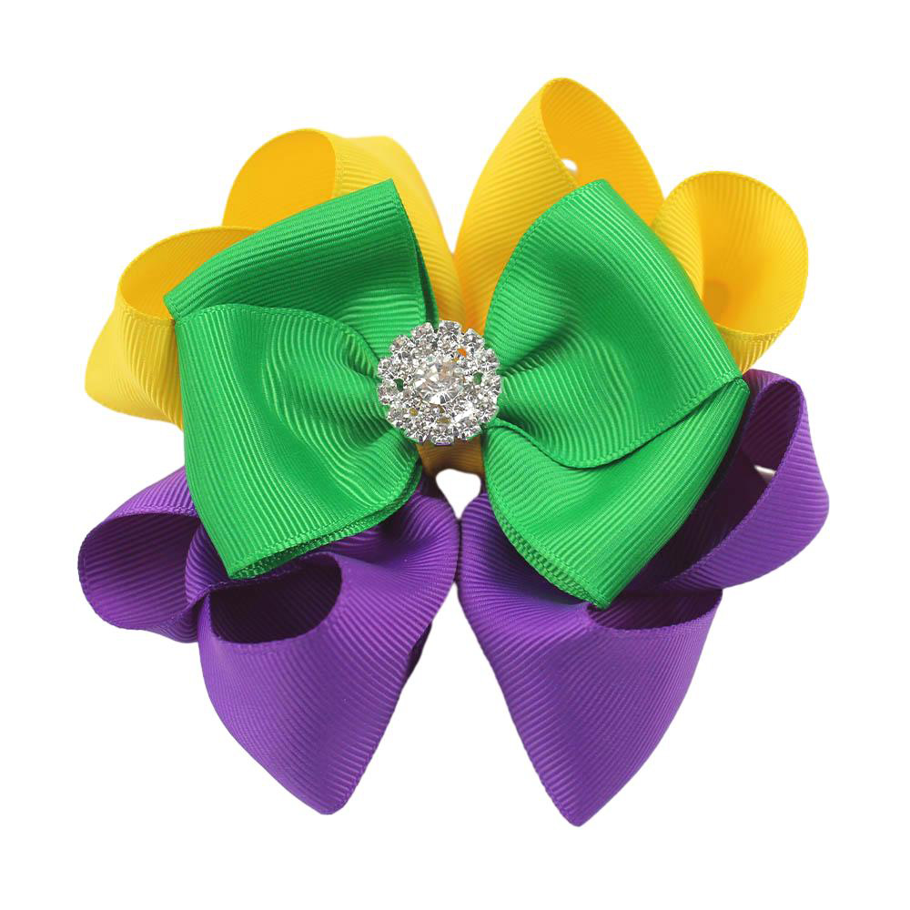 Mardi Gras Hair Bow Gift Girls 5" Purple Gold Green Boutique Rib